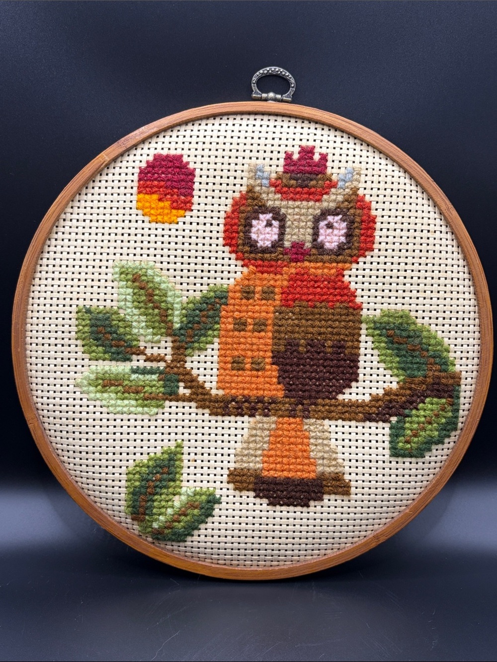 Vintage Handmade Owl Cross Stitch Wall Hanging Cottagecore Embroidery Home Decor